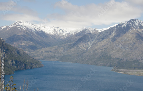 Panoramic view of Lake Epuyen with mountains of the Andes in the background