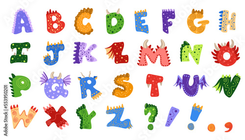 Dragon or dino alphabet. Set of cute hand drawn letters in bright colors with texture dragon effects. Children Vector illustration for cards, posters, birthday party events,  kids and nursery design