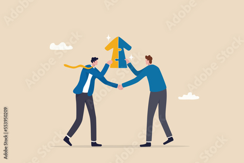 Joint venture business partnership agree to share resource and work together to achieve same goal, merge or acquisition, cooperation concept, businessman handshake connect growth arrow jigsaw puzzle.