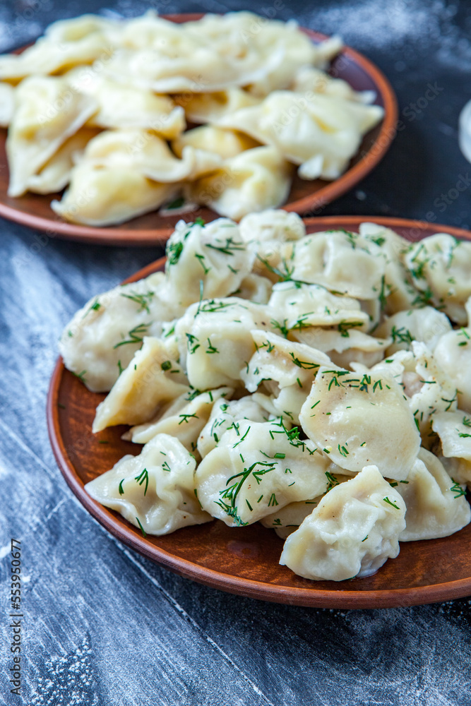 Traditional russian pelmeni or ravioli, dumplings with meat on wood black background. Russian food and russian kitchen concept. Traditional russian pelmeni or ravioli, dumplings with meat on wood black background. Russian food and russian kitchen concept.