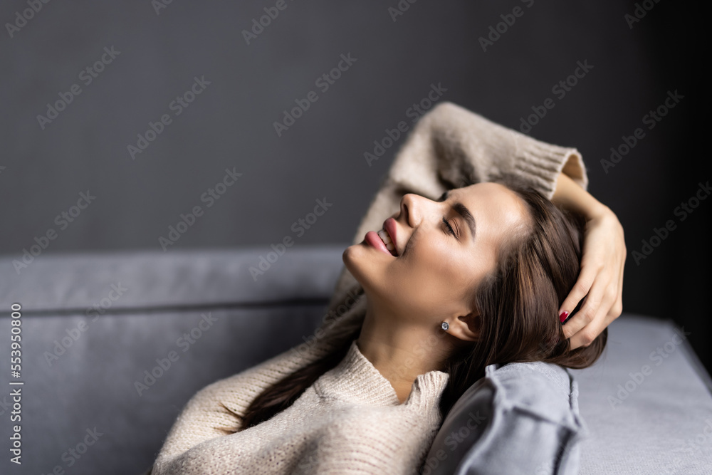 Happy woman relax home alone. Casual natural female portrait home. Happy woman relax home alone. Casual natural female portrait home.