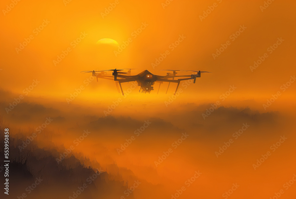 Fototapeta premium In the orange sky at dawn or sunset, a drone is seen soaring through the fog. Generative AI