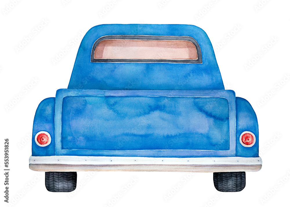 Watercolour illustration of back view of blue pickup car. Hand painted water color graphic drawing on white, cut out clip art element for design decoration, poster, greeting card, banner, print. - obrazy, fototapety, plakaty 