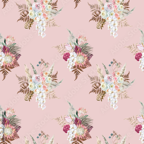 Watercolor boho floral seamless pattern. Dusty pink  white  roses  peonies  greenery  eucalyptus  tropical flowers  suitable for digital scrapbooking  fabrics  invitations  weddings