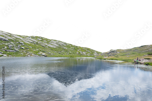 Fototapeta Naklejka Na Ścianę i Meble -  Isolated PNG cutout of a mountain lake in summer in the Alps on a transparent background, ideal for photobashing, matte-painting, concept art
