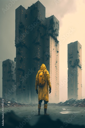 person with a yellow protective suit in a destroyed city, contaminated,irradiated, generative ai photo