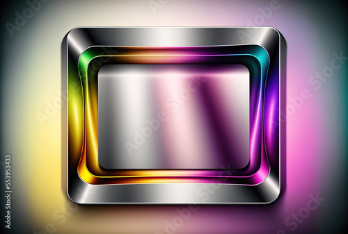 ethereal metal banner brushed metal backdrop with a rectangular colorful plate whose corners are made of tubes. illustration. Generative AI