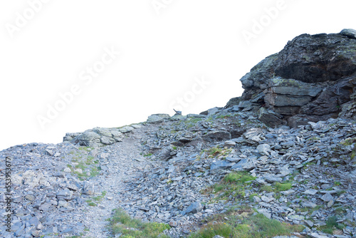 Isolated PNG cutout of a mountain in summer in the Alps on a transparent background, ideal for photobashing, matte-painting, concept art