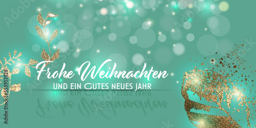 Bokeh und Glitzer Hintergrund mit Lichteffekten. Weihnachts- und Neujahrsgrußkarte - Banner mit goldenen Pflanzen und Auflösungseffekt. Happy New Year!