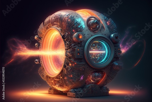 laser reactor in atomic astrophysics laboratory for a nuclear fusion experiment. Melding process of atomic nuclei to create a new nucleus and the energy released from this is applicable clean energy.