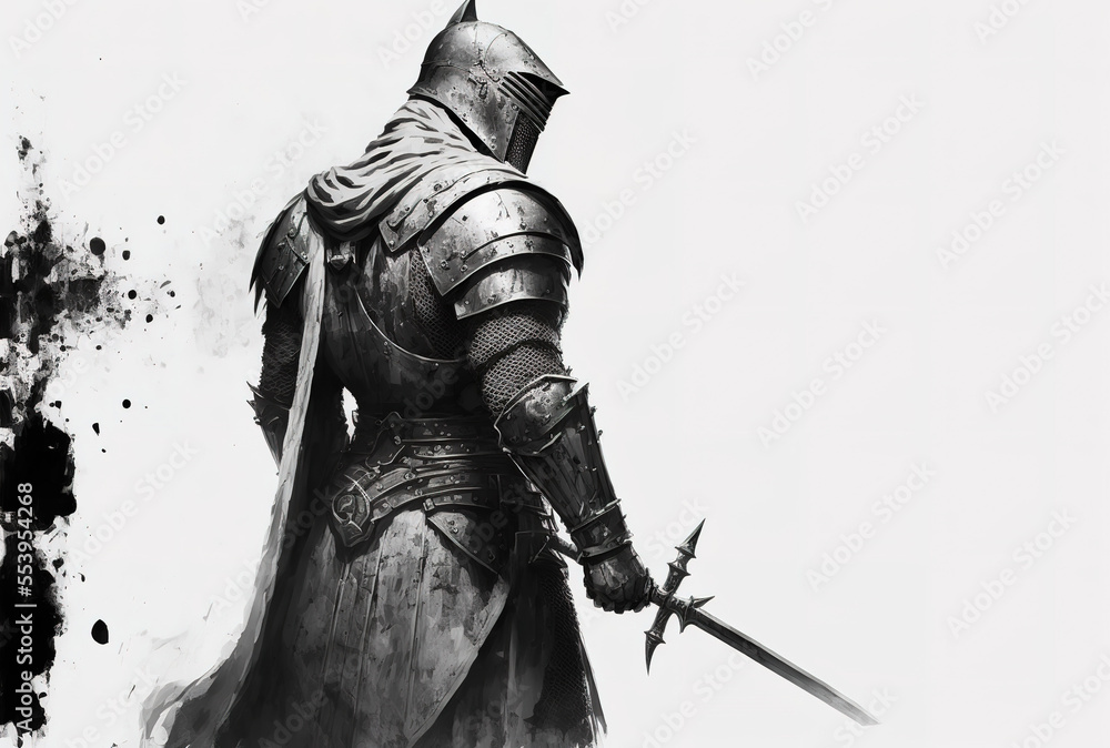 Fototapeta premium A medieval knight is shown in black and white on a white backdrop. Generative AI