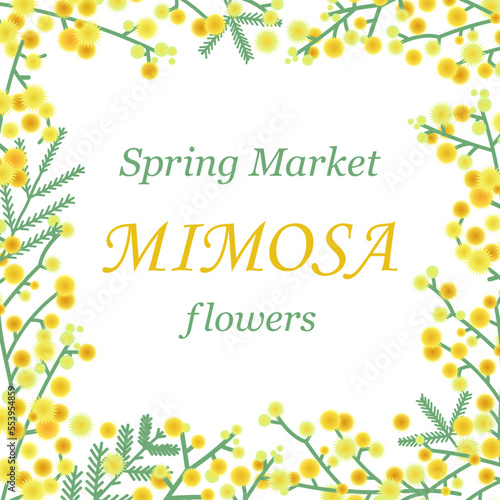 vector layout of the Spring Flower Market framed by mimosa buds. Yellow flowers for congratulations, invitations, advertising