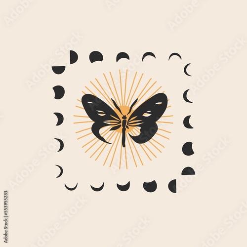 Hand drawn vector abstract graphic illustrations celestial design concept with logo magic line silhouette art of mystic flying butterfly,moth,sun and moon phase isolated. Magic drawing butterfly icon.