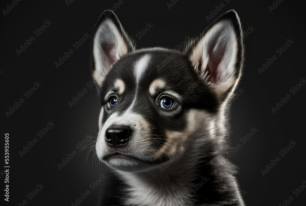 Husky puppy dog portrait with an inquisitive expression and a dark backdrop. Generative AI