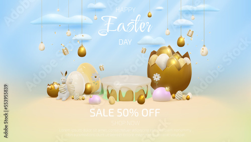 Product display podium and 3d realistic bunny with gold easter egg elements and flower with gift box with cloud decorations.