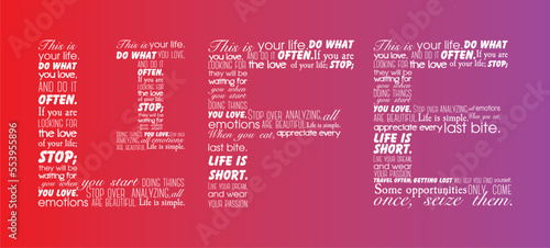 Word  Life  on gradient background. Pink  white and violet colors. Letter  i    l    f    e . Word cloud. Different positive phrases. Banner  cover or card.