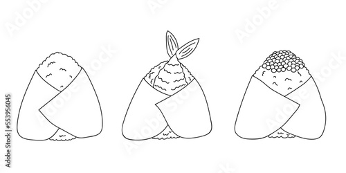 Hand drawn onigiri clipart set. Japanese fast food made of rice. Rice ball in nori seaweed