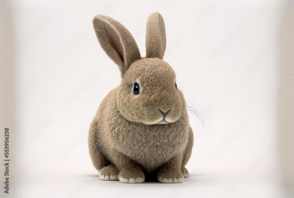 Fototapeta premium Toy rabbit in a cute pose on a white backdrop. Generative AI