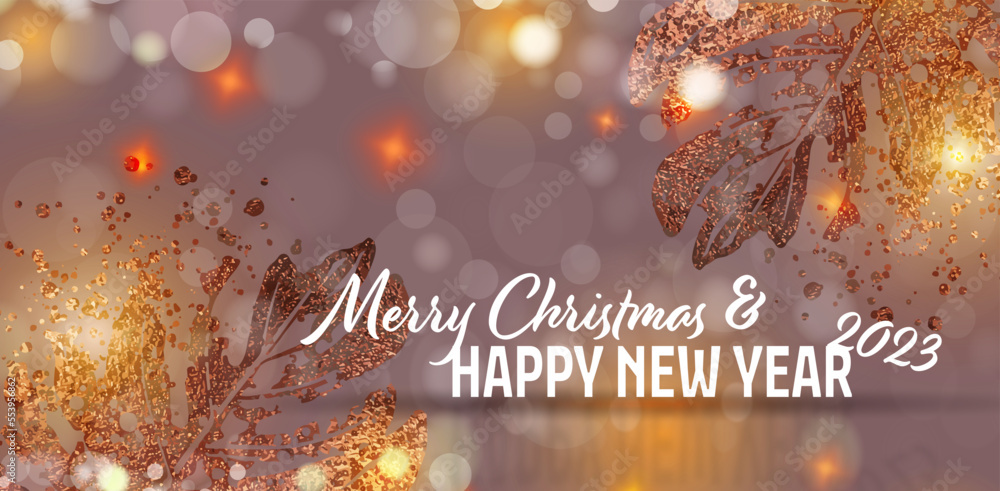 Bokeh und Glitzer Hintergrund mit Lichteffekten. Weihnachts- und Neujahrsgrußkarte - Banner mit goldenen Pflanzen und Auflösungseffekt. Happy New Year!