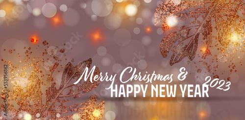 Bokeh und Glitzer Hintergrund mit Lichteffekten. Weihnachts- und Neujahrsgrußkarte - Banner mit goldenen Pflanzen und Auflösungseffekt. Happy New Year!