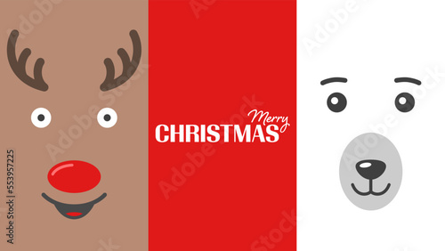 Merry Christmas background. Reindeer and polar bear faces.