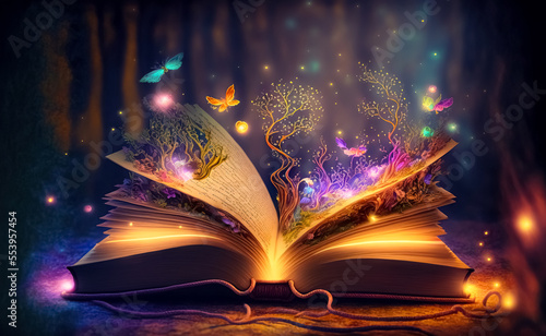 Fotografia Open magic book with growing lights, magic powder, butterflies