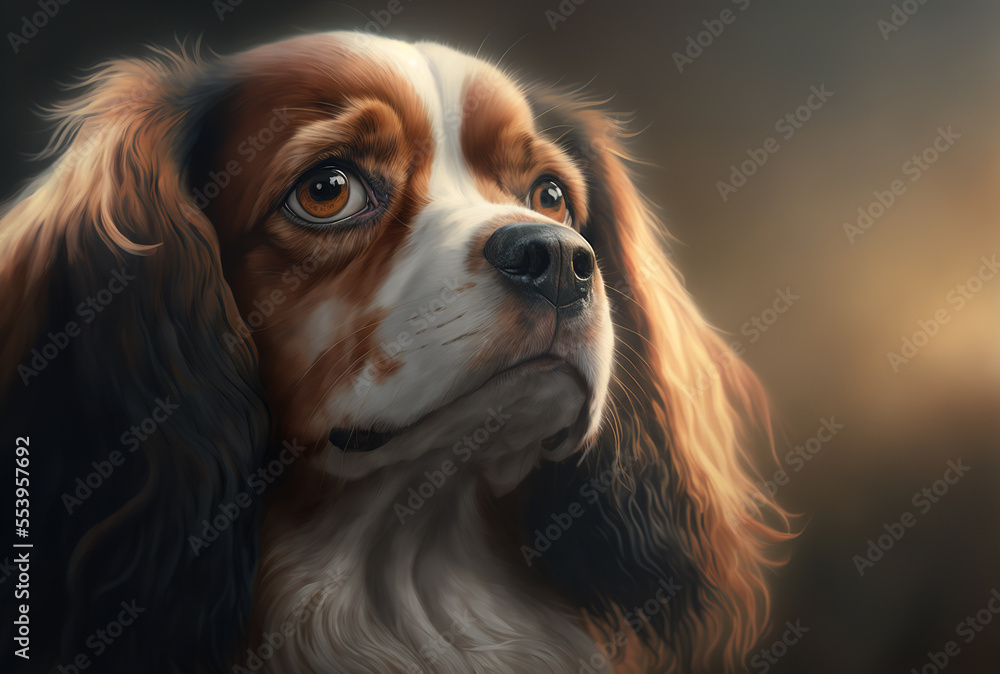 large eared hide cavalier dog in close up portrait. Generative AI