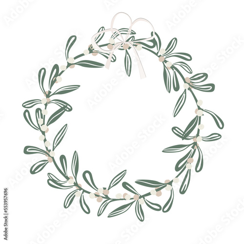 Christmas wreath with mistletoe branches and ribbon bow. Vector illustration in cartoon flat style..