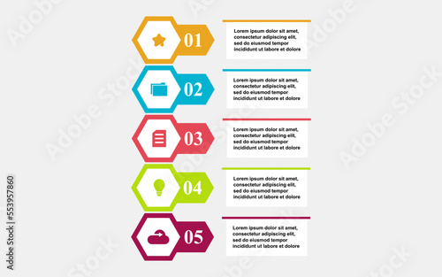 Business infographic template with 5 hexagons vertical timeline options for presentation, graph. vector illustration