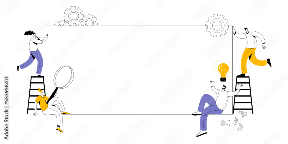 People with different elements and a magnifying glass around a white sheet of paper. Vector frame with characters for your advertisement.