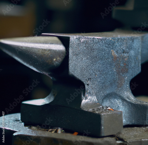 Close up of steel anvil lying on table in workshop created using Generative AI technology