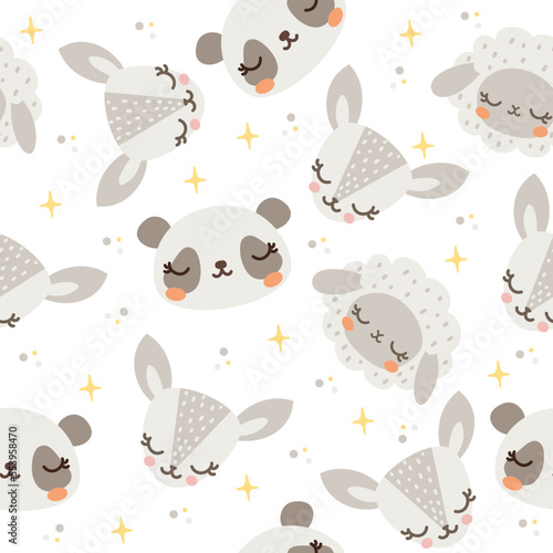 Seamless vector pattern. Cute sleeping animals, stars. Panda, deer, father, ram, antelope. Background for children's products on white background 
