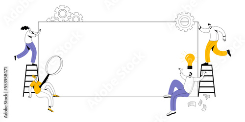 People with different elements and a magnifying glass around a white sheet of paper. Vector frame with characters for your advertisement.