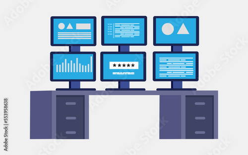 Web developer programmer working desk with opened project code on monitors.