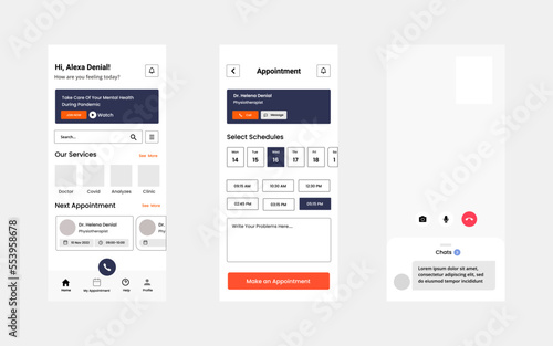 Medical healthcare and doctor appointment booking app UI kit template with home screen, schedule, video conferencing screen.