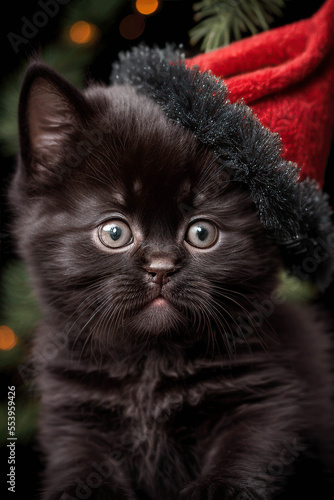 Pretty black kitten in a red and black Christmas hat, AI generated image
