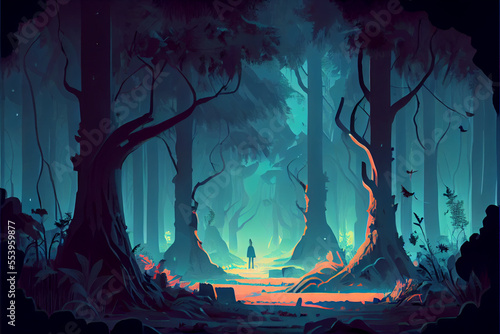 a man standing in the middle of a forest, a storybook illustration fantasy art, 2d game art © Ozis