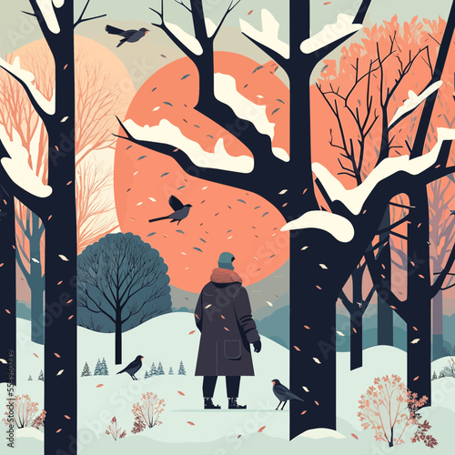 A woman walking through a winter landscape with snow on the trees, feeding birds