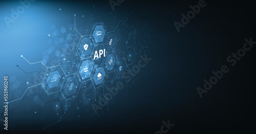 (API)Application Programming Interface concept. Software development tool, information technology, modern technology, internet and networking concept on dark blue background.
