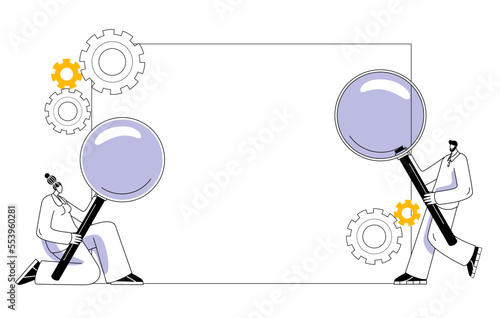 People with different elements and a magnifying glass around a white sheet of paper. Vector frame with characters for your advertisement.