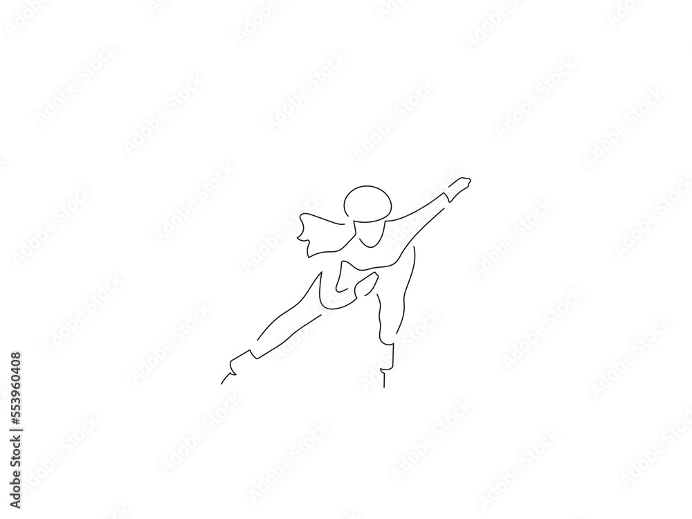 Woman ice skating in line art drawing style. Composition of a winter sport scene. Black linear sketch isolated on white background. Vector illustration design.