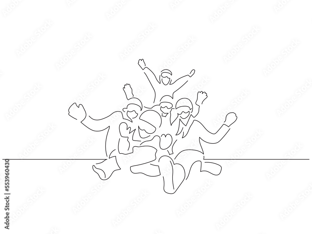Group of people enjoying snow line art drawing style. Composition of a winter scene. Black linear sketch isolated on white background. Vector illustration design.