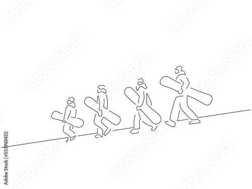 People holding a snow board in line art drawing style. Composition of a winter scene. Black linear sketch isolated on white background. Vector illustration design.