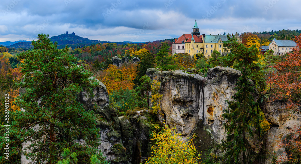 The castle Hruba Skala in CHKO Cesky Raj from the Marianska vyhlidka viewpoint in autumn.