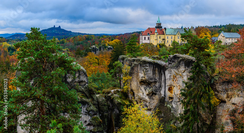 The castle Hruba Skala in CHKO Cesky Raj from the Marianska vyhlidka viewpoint in autumn. photo