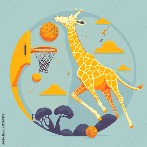 A cute giraffe playing basketball