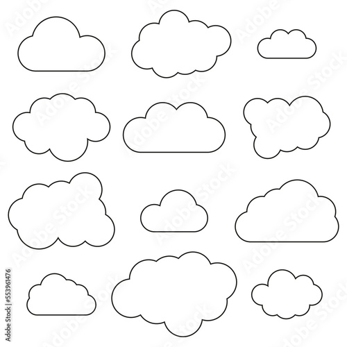 Clouds outlines in line art style. Simple line frame set. Vector illustration. stock image.
