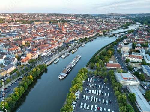 River Main Wuzburg city Germany sunset golden hour drone aerial view ..