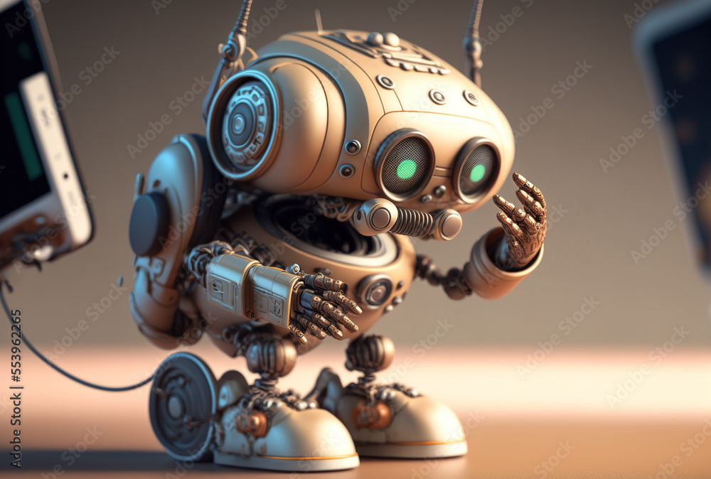 cute artificial intelligence helper robot with a phone and no leg. Generative AI cute artificial intelligence helper robot with a phone and no leg. Generative AI