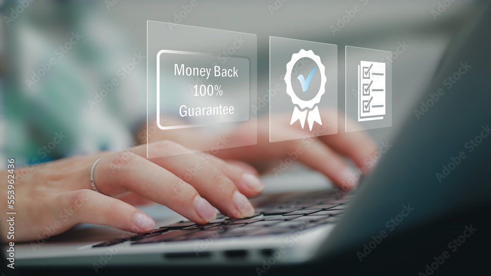 100% Money Back Guaranteed. Certification and standardization process, iso certified business, conformity to international standards and quality assurance concept. Person touching certificate icon... 100% Money Back Guaranteed. Certification and standardization process, iso certified business, conformity to international standards and quality assurance concept. Person touching certificate icon...